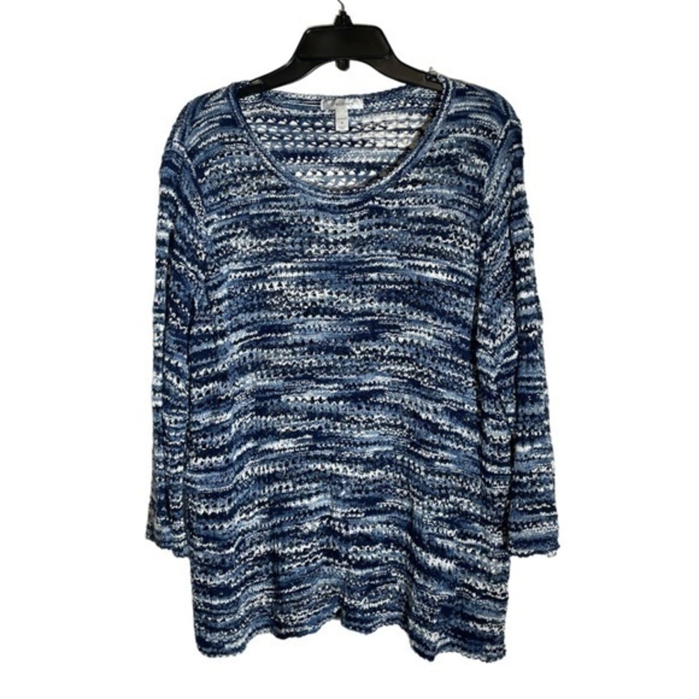 Dressbarn Crochet Knit Sweater Scoopneck Blue Ombre 3/4 Sleeve Open Knit Size 3X